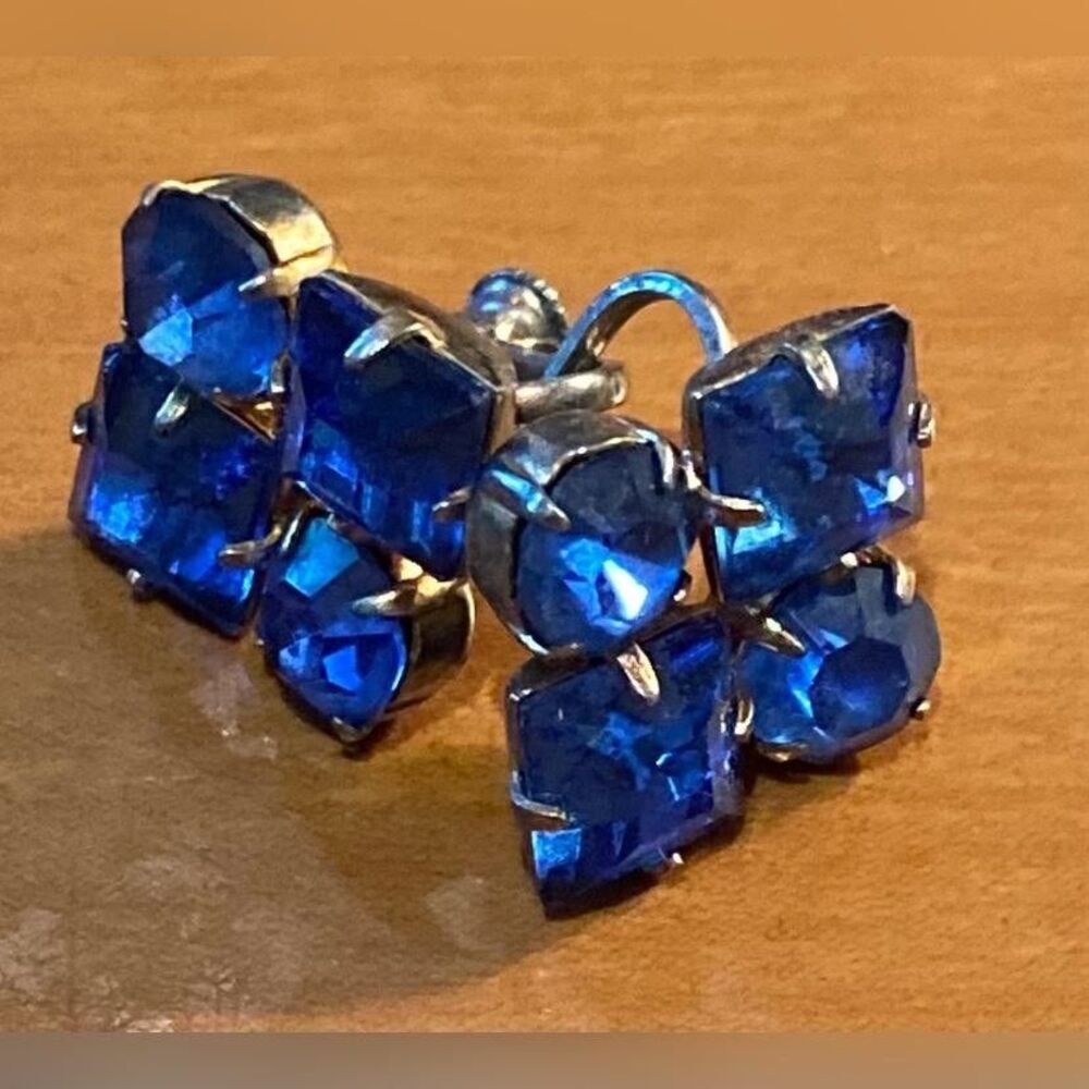Vintage Blue Rhinestone Stud Earrings Screw Back Women's Cluster Bold Jewelry